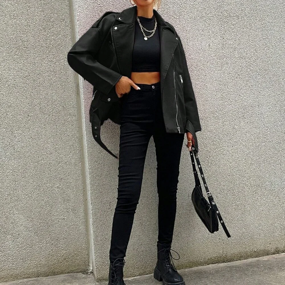 Black Casual Women's Zip Up Flap Detail Belted Moto Jacket - Picture 3 of 5